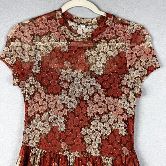 Whimsy Fairy Floral Mesh Dress Women Medium Sheer Pleated Midi Y2K Boho Peasant - Picture 4 of 16